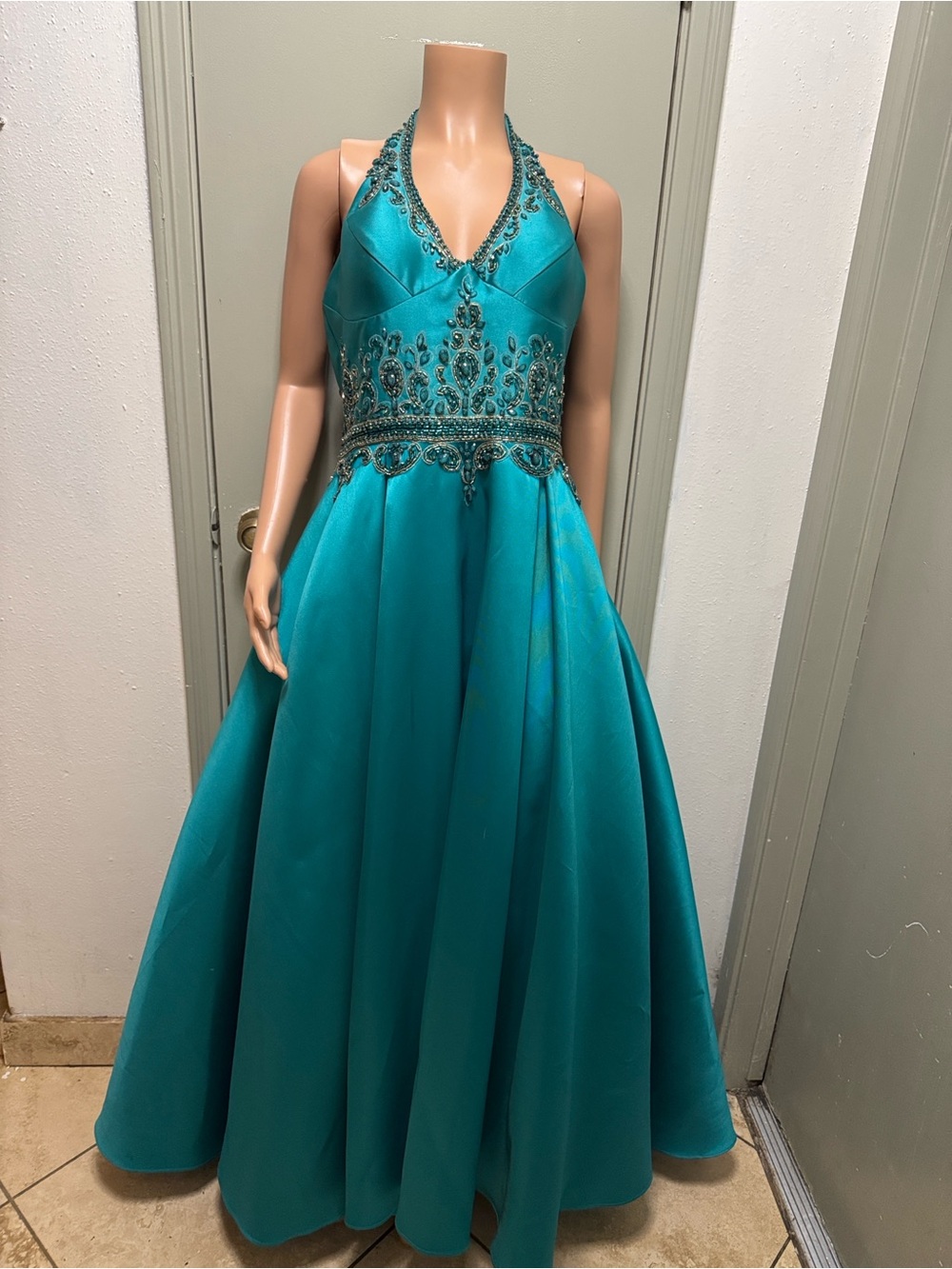 Camille La Vie Teal Beaded Halter Prom Dress